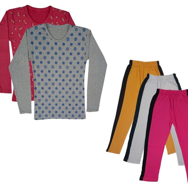 IndiWeaves Girls Cotton Full Sleeve Printed T-Shirts and Cotton Capri 3/4 Pants (Mustard,White,Magenta,Maroon,Grey,14-15 Years) Pack of 5