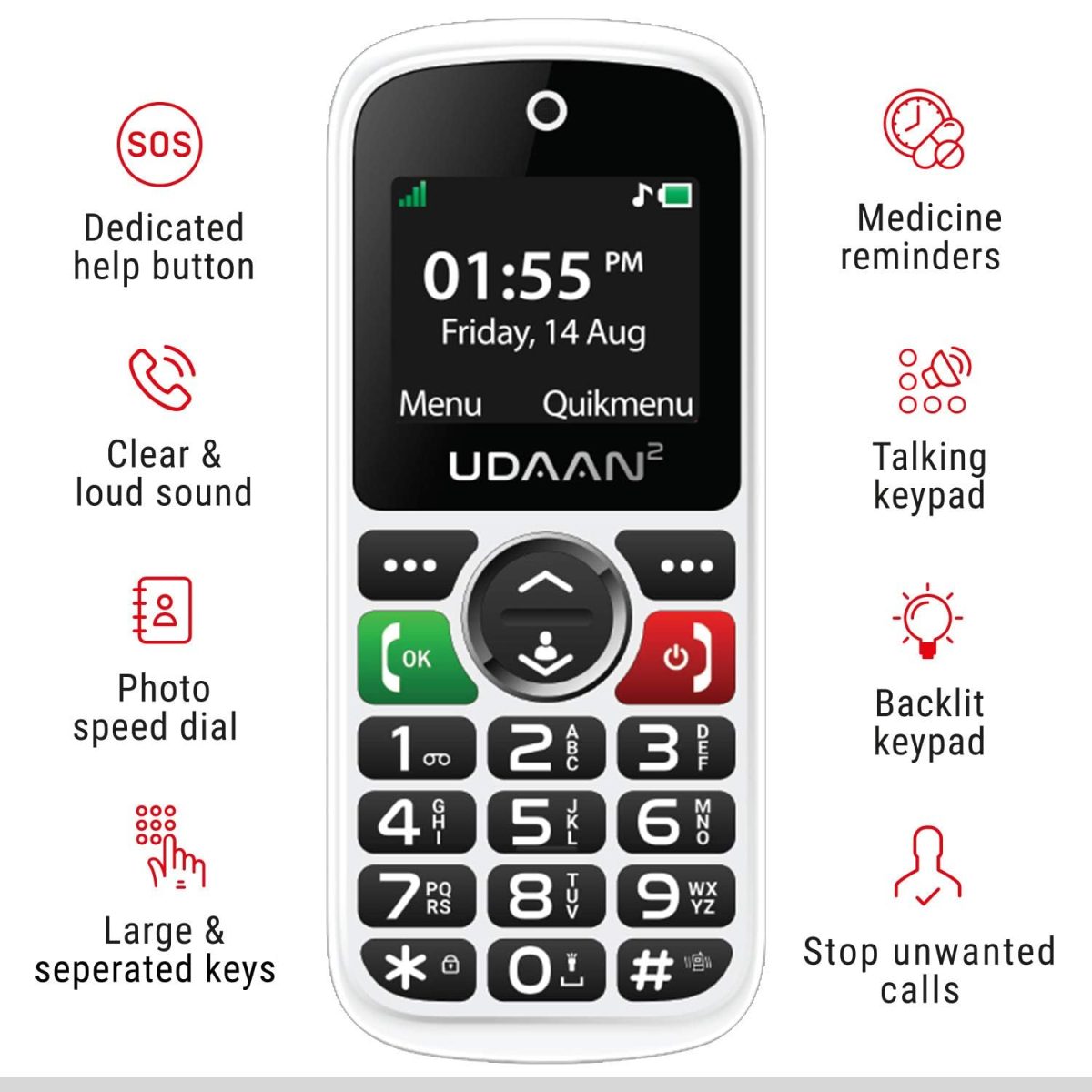 easyfone Udaan2 1.8" Display with 20+ Senior Citizen Friendly Features Like Loud Sound, Photo Speed dial, Simple menu, SOS, Incoming Call Restriction, Auto-Call Recording, Dual SIM, White - Image 2