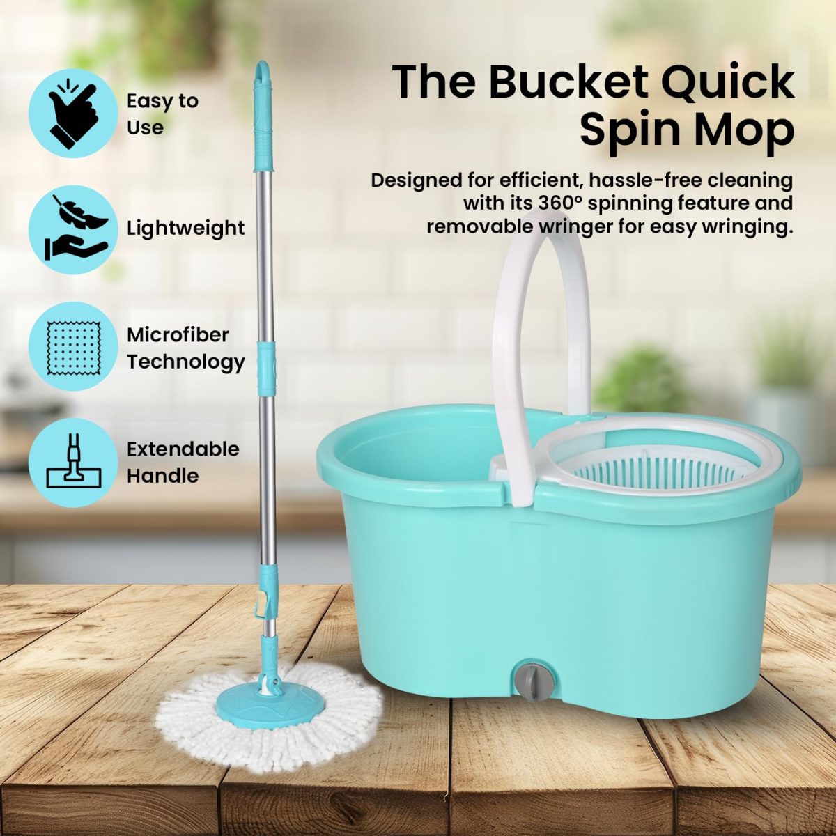 Zureni Bucket Quick Spin Mop with 2 Microfiber Wet Dry Mophead Floor Cleaning pocha Extendable Handle Removable Wringer 360° Floor Cleaner Mopping Set (Random Colour) - Image 3