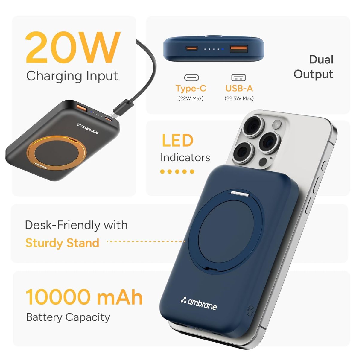 Ambrane MagSafe Wireless 10000mAh Fast Charging Power Bank with Mobile Stand, Strong Magnet, 22.5W Output for iPhone 12 & Above, Android & Other Qi Enabled Device + Magnetic Ring (Mount, Blue) - Image 2
