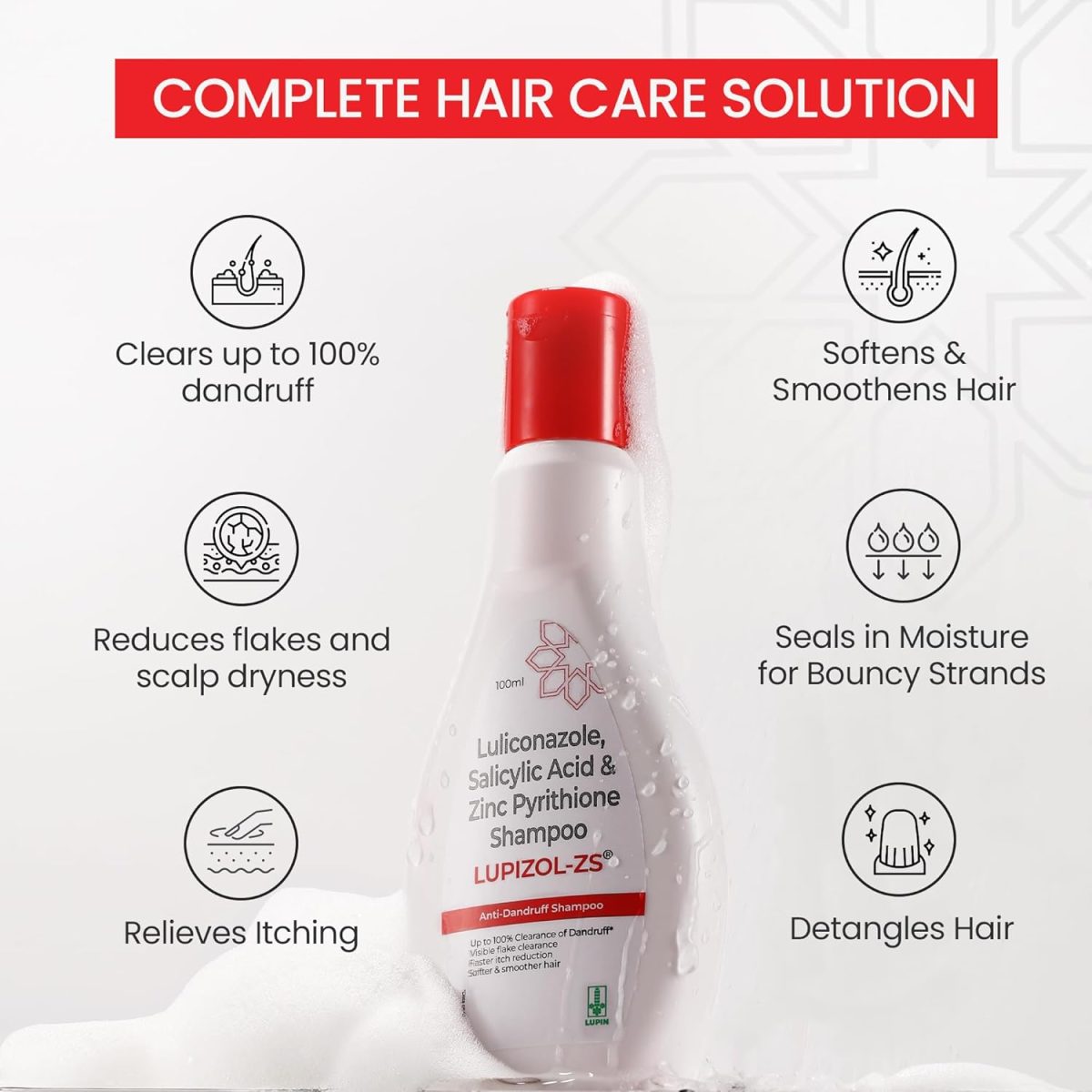 LUPIZOL-ZS Anti Dandruff Shampoo, Reduces Dandruff Upto 100% and Scalp Irritation, Strengthens and Softens Hair, With Luliconazole, Dermatologically Tested, All Hair Types, For Men and Women, 100ml. - Image 6