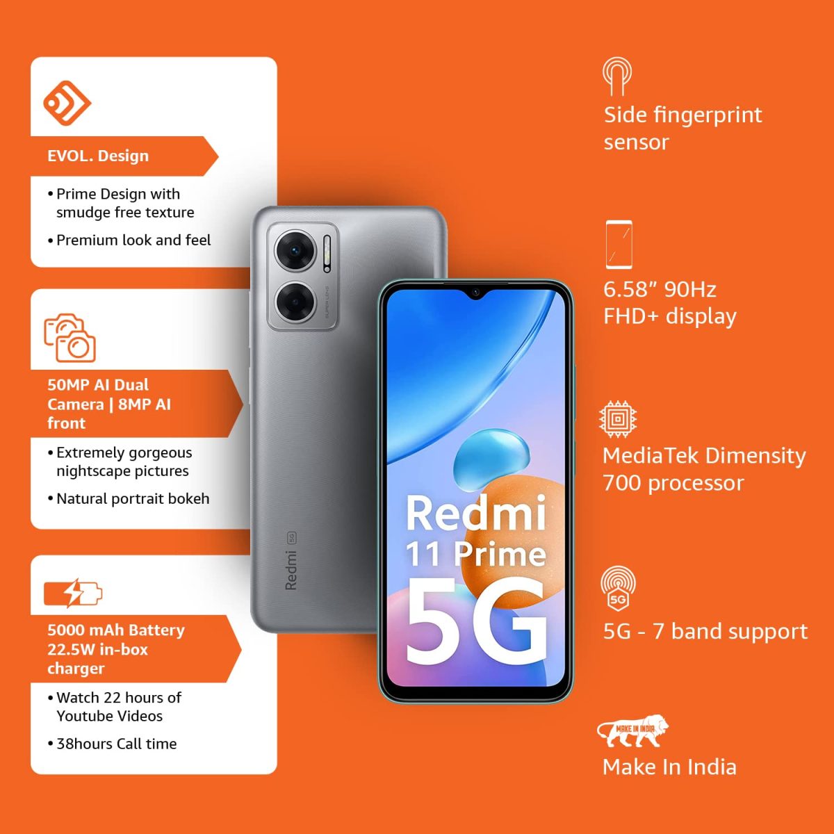 Redmi 11 Prime 5G (Chrome Silver, 4GB RAM 64GB ROM) | Prime Design | MTK Dimensity 700 | 50 MP Dual Cam | 5000mAh | 7 Band 5G - Image 2