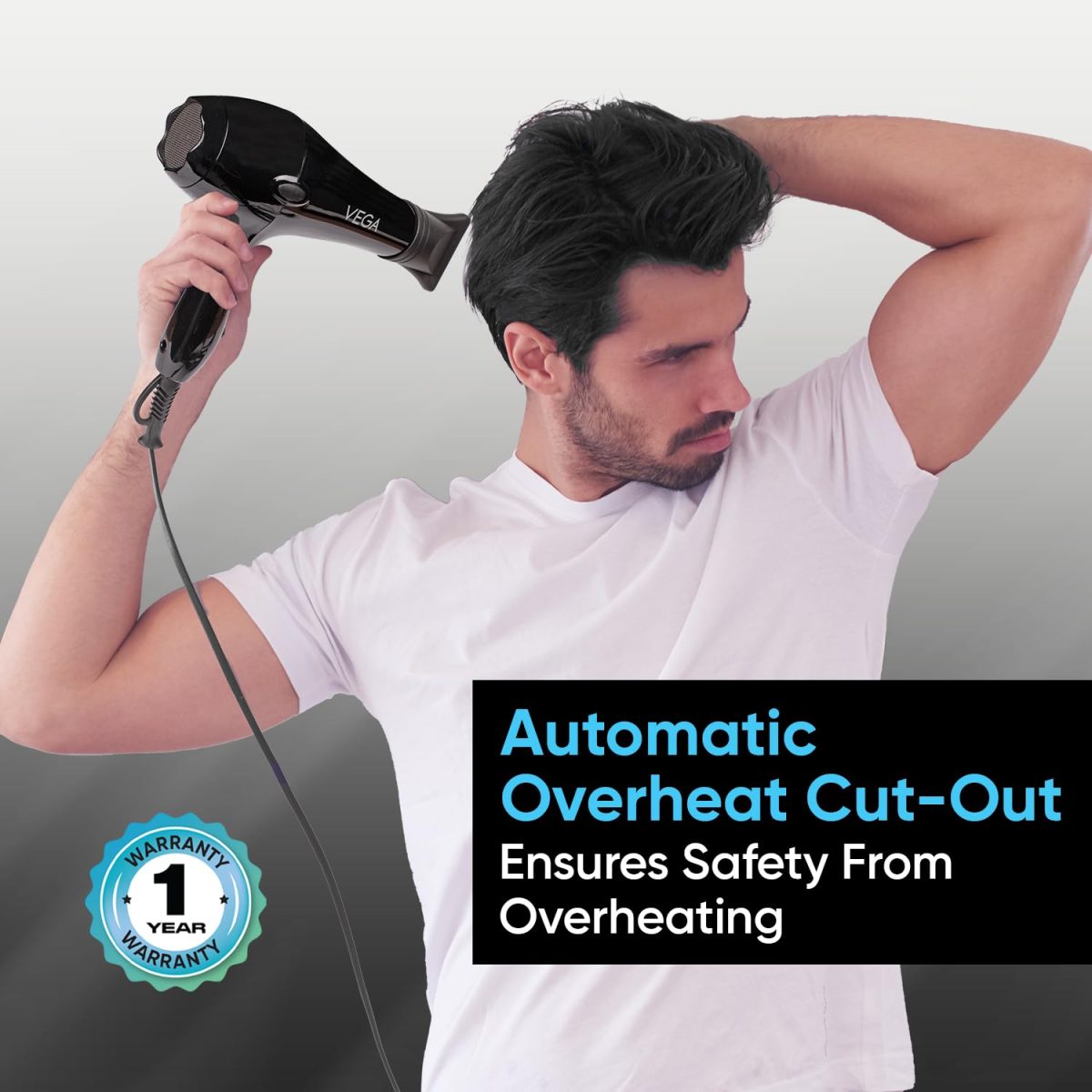 Vega VHDP-02 Professional Hair Dryer For Women & Men- (Pro Touch 1800-2000W) Cool Shot Button, 2 Heat/2 Speed Settings & 2 Detachable Nozzles|Black|2000 Watt - Image 5
