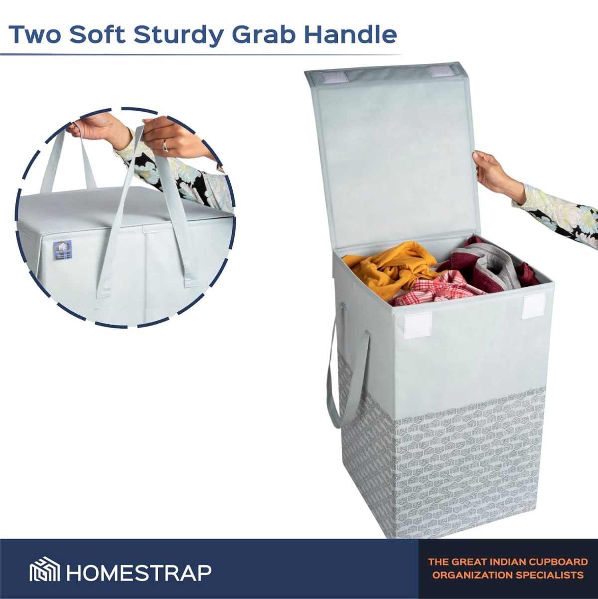 Homestrap 75 LTR Foldable Laundry Basket | Printed Laundry Bag with Lid Front Handle | Non-Woven Toy Organiser | Washing Cloth Laundry Bin(Grey)(Polypropylene) - Image 4