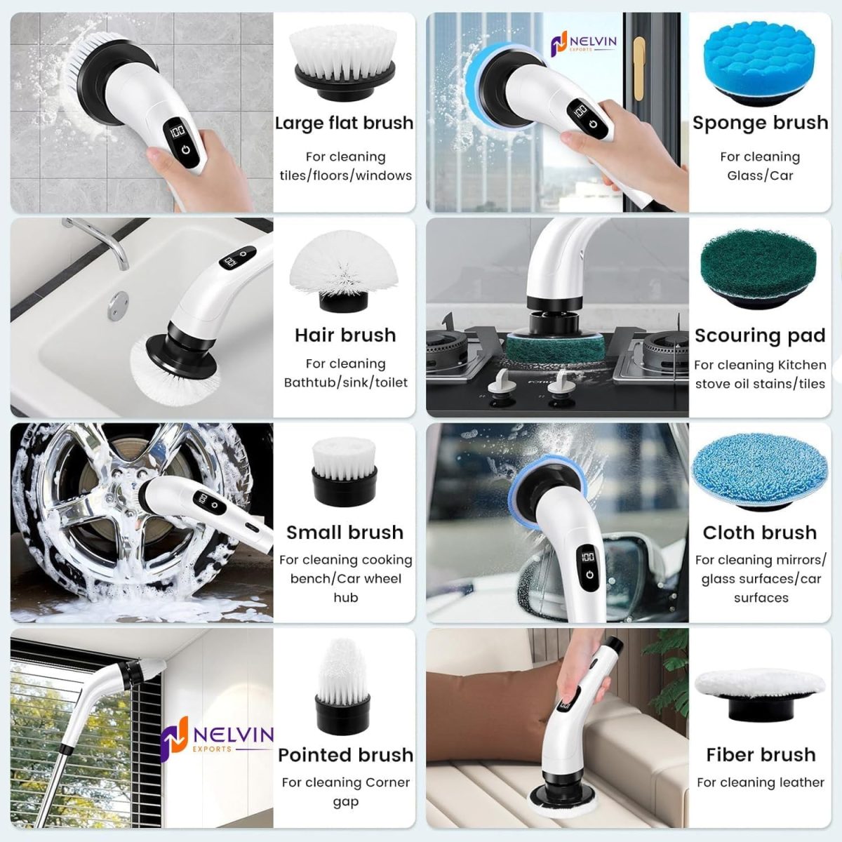 NELVIN EXPORTS Electric Spin Scrubber,Cleaning Brush Scrubber for Home, 400RPM/Mins-9 Replaceable Brush Heads-90Mins Work Time,Adjustable Size,2 Adjustable Speeds for Bathroom Shower Bathtub Glass Car - Image 4