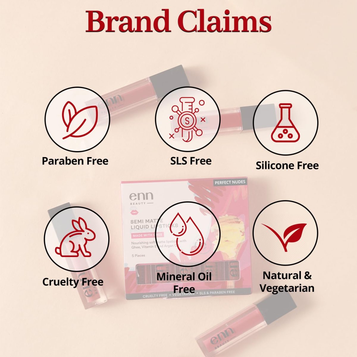 ENN Long Lasting Semi Matte Nourishing Soft Liquid Lipsticks Kit With 12 Hour Coverage | Transfer proof Highly Pigmented Godness of Natural Ingredients of Ghee | Vitamin-E | Argan Oil | Pack Of 5 Perfect Nudes - Image 8