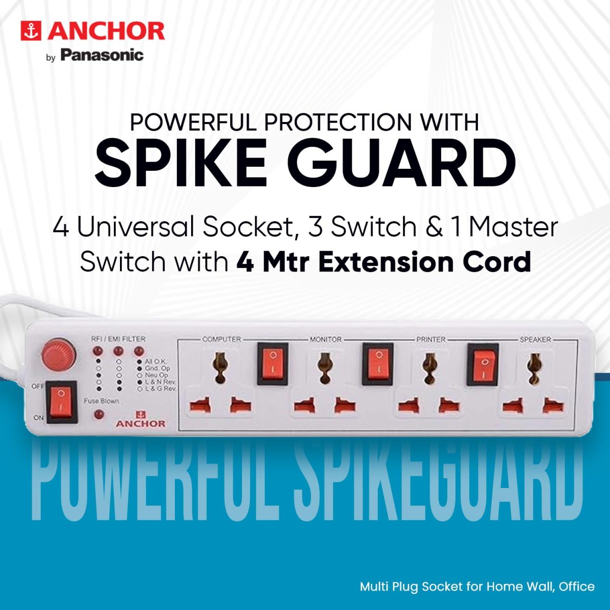 Anchor by Panasonic Spike Guard- 4 Universal Socket Shutter with Individual Switch - 4 Mtr (22569) - Image 6