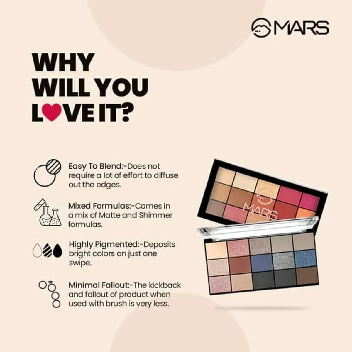 MARS Fantasy 15 Eyeshadow Palette | Highly Pigmented & Easy to Blend | Matte and Shimmer Shades (22.5g) (01-Multicolor) - Image 6