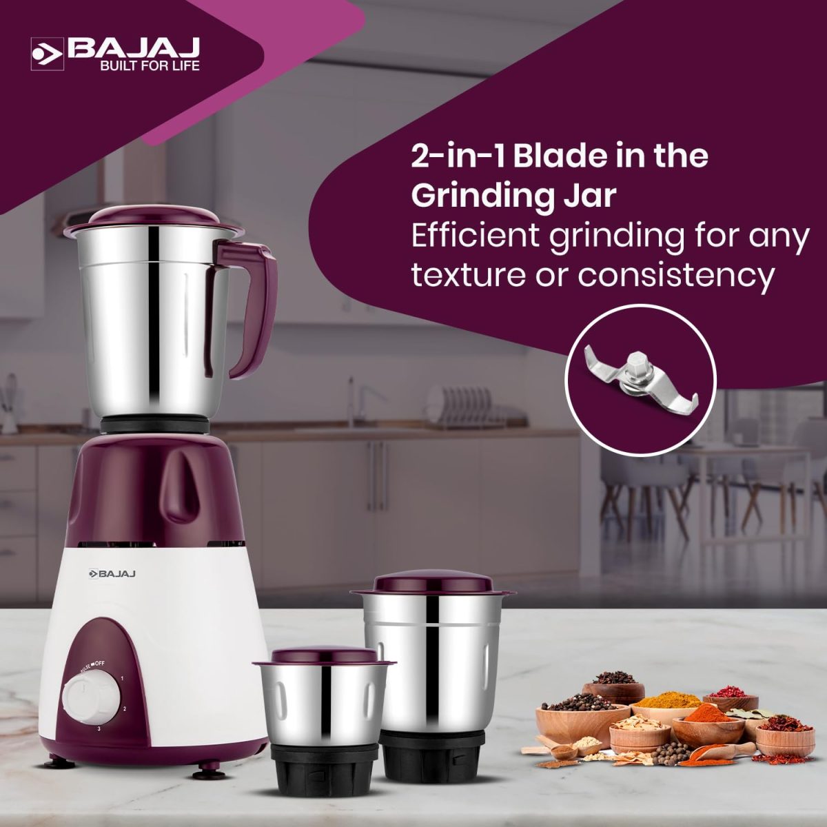 Bajaj Rex Mixer Grinder 500W | Mixie For Kitchen With Nutri-Pro Features | 3 SS Mixer Jars For Heavy Duty Grinding | Adjustable Speed Control | Multifunctional Blade System | 2 Yr Warranty【Purple】 - Image 5