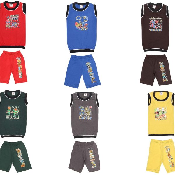 SR Kids Boys Cotton Sleeveless Rib Neck Self Design Tshirts and 3/4 Shorts Multi-Color Pack of 6