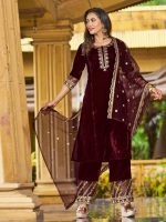 SIRIL Women's Velvet Embroidery Work Kurta Pant with Dupatta Set - Image 5