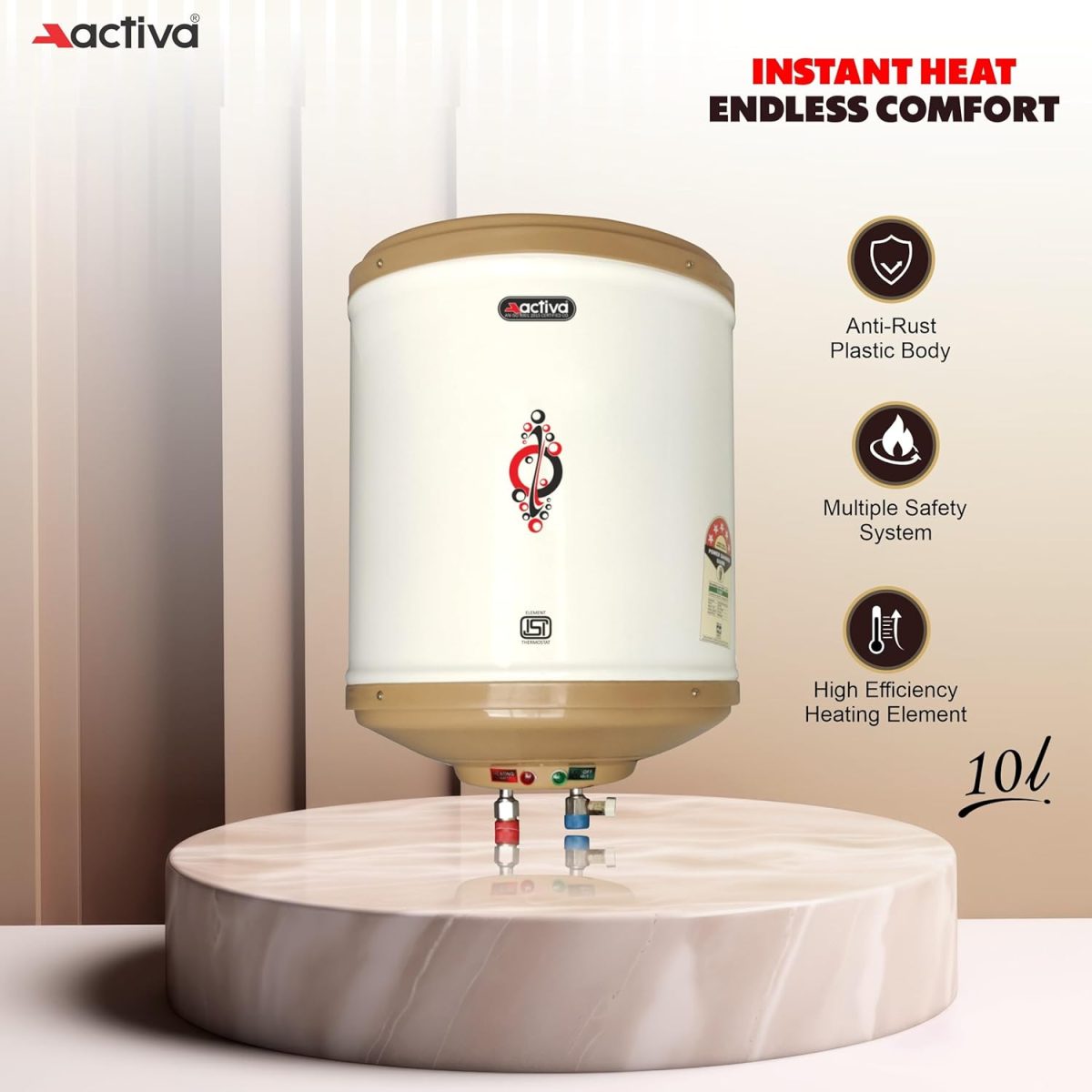 Activa Amazon 10 Liter Water Heater Geyser, ISI Copper Element 3 KVA (0.8mm), Instant Heat Water, Anti Rust Coated Tank, ABS Body, BEE 5 Start Rated, Energy Efficient, 5 Year Warranty - IVORY - Image 2