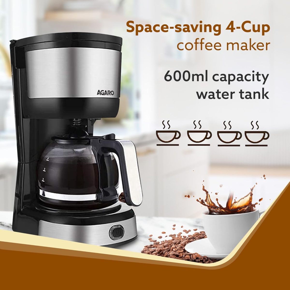 AGARO Royal 4 Big Cups Drip Coffee Maker, 600 Ml Borosilicate Glass Carafe Jar, 750W, Water tank with Level Indicator, Brewer Machine with Cone Filter, Auto Shut Off, Stainless Steel Body, Black - Image 6