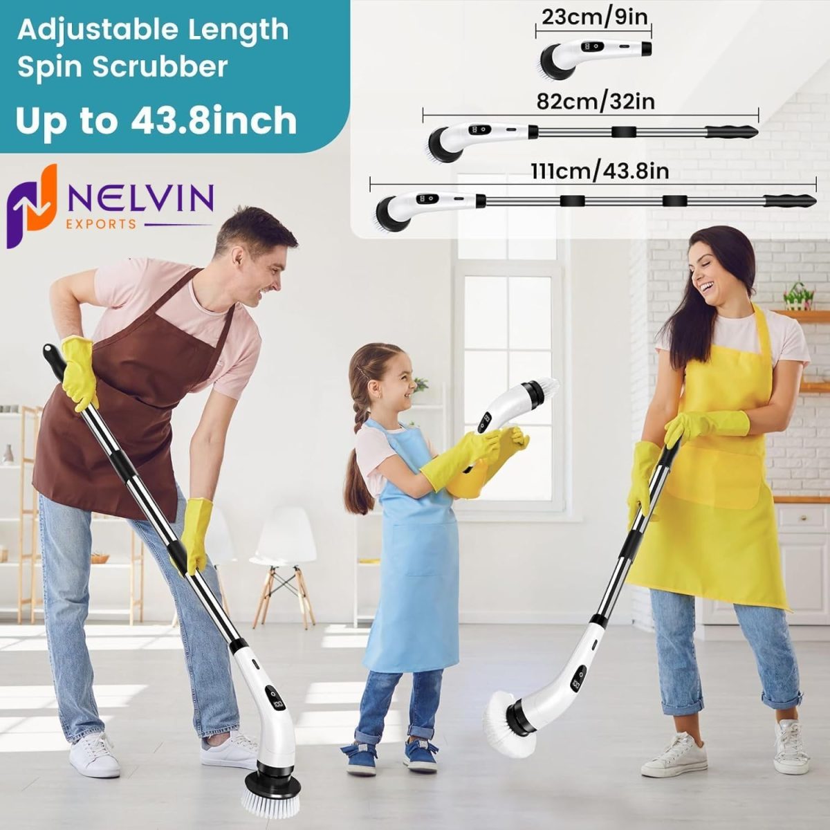 NELVIN EXPORTS Electric Spin Scrubber,Cleaning Brush Scrubber for Home, 400RPM/Mins-9 Replaceable Brush Heads-90Mins Work Time,Adjustable Size,2 Adjustable Speeds for Bathroom Shower Bathtub Glass Car - Image 7