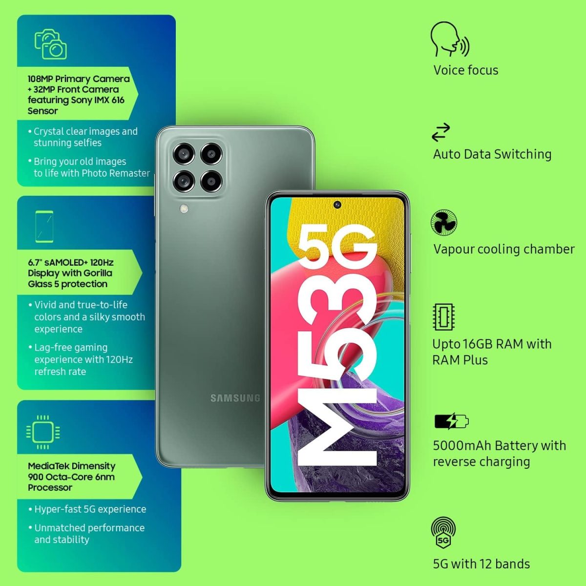 Samsung Galaxy M53 5G (Mystique Green, 8GB, 128GB Storage) | 108MP | sAmoled+ 120Hz | 16GB RAM with RAM Plus | Without Charger - Image 2
