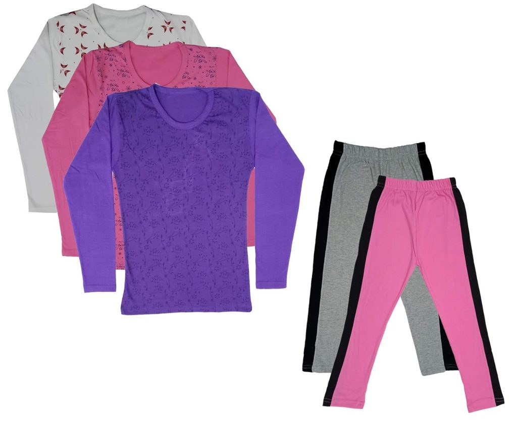 IndiWeaves Girls Cotton Full Sleeve Printed T-Shirts and Cotton Capri 3/4 Pants (Grey,Pink,White,Pink,Purple,12-13 Years) Pack of 5