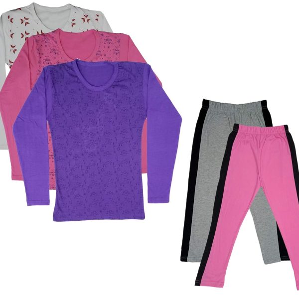 IndiWeaves Girls Cotton Full Sleeve Printed T-Shirts and Cotton Capri 3/4 Pants (Grey,Pink,White,Pink,Purple,12-13 Years) Pack of 5