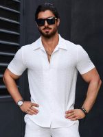 Men's Short Sleeve Button Down Shirt, Textured Geometric Pattern, White, Slim Fit - Image 4