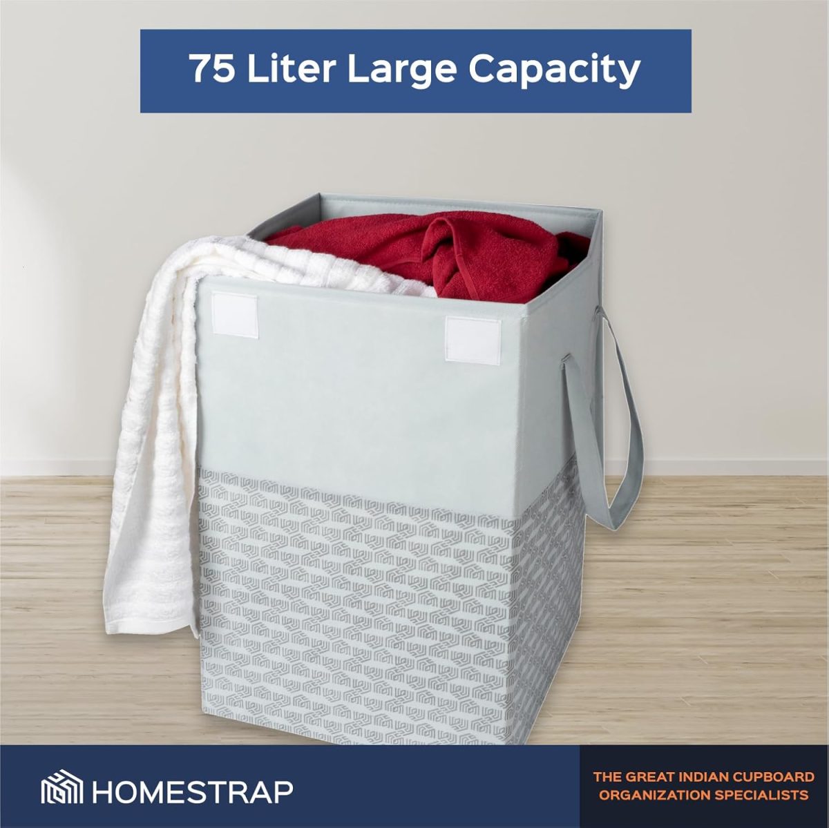 Homestrap 75 LTR Foldable Laundry Basket | Printed Laundry Bag with Lid Front Handle | Non-Woven Toy Organiser | Washing Cloth Laundry Bin(Grey)(Polypropylene) - Image 7