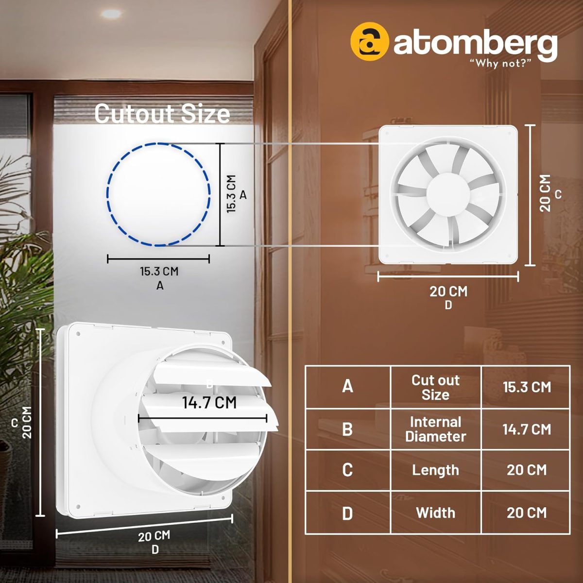 atomberg Studio Exhaust Fan 150mm (6 Inches) | BLDC Motor | 6.8W| Low Noise | 2000 RPM| Ideal for Bathroom,Kitchen | Easy to Clean | Installation-Round Cut (153mm) | 2 Years Warranty | (Gloss White) - Image 4