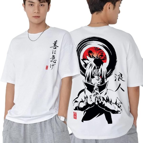 Jump Cuts Mens 3/4th Sleeve Printed Round Neck White and Black Cotton Blend Boxy Fit T-Shirt