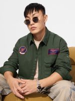 The Souled Store Official Top Gun: Flight Crew Men and Boys Long Sleeves Collared Neck Button Front Green Patch Embroidery Regular Fit Cotton Shirts - Image 3