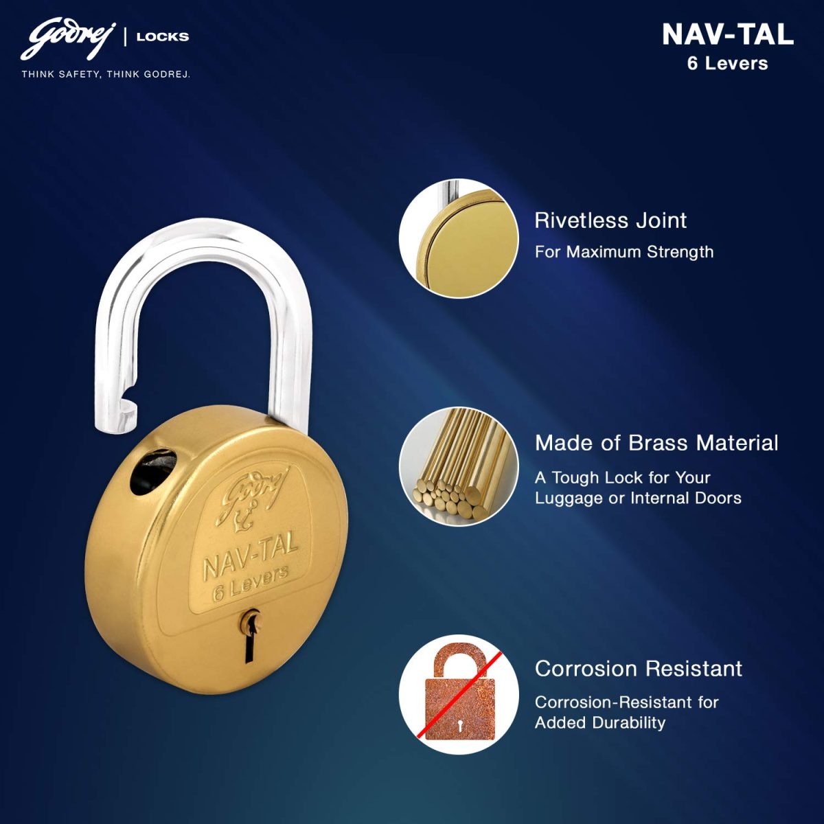 Godrej Locks I Navtal 6 levers 50 mm I Padlock for Main Door I Gate Lock I Tool Box, Shutters, Shops & Offices I Strong Hardened Corrosion Resistant Shackle I Brass Material | 1 Year Warranty - Image 3