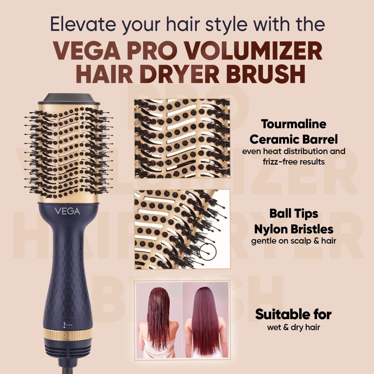 Vega Pro Volumizer Hair Blow Dryer Brush, 3 in 1 Hot Air Brush, 360° Airflow Vent, 3 Heat/2 Speed Settings For Hair Style, Ceramic Tourmaline Coating Brush Head, 1200 W (VHSD-02) - Image 4