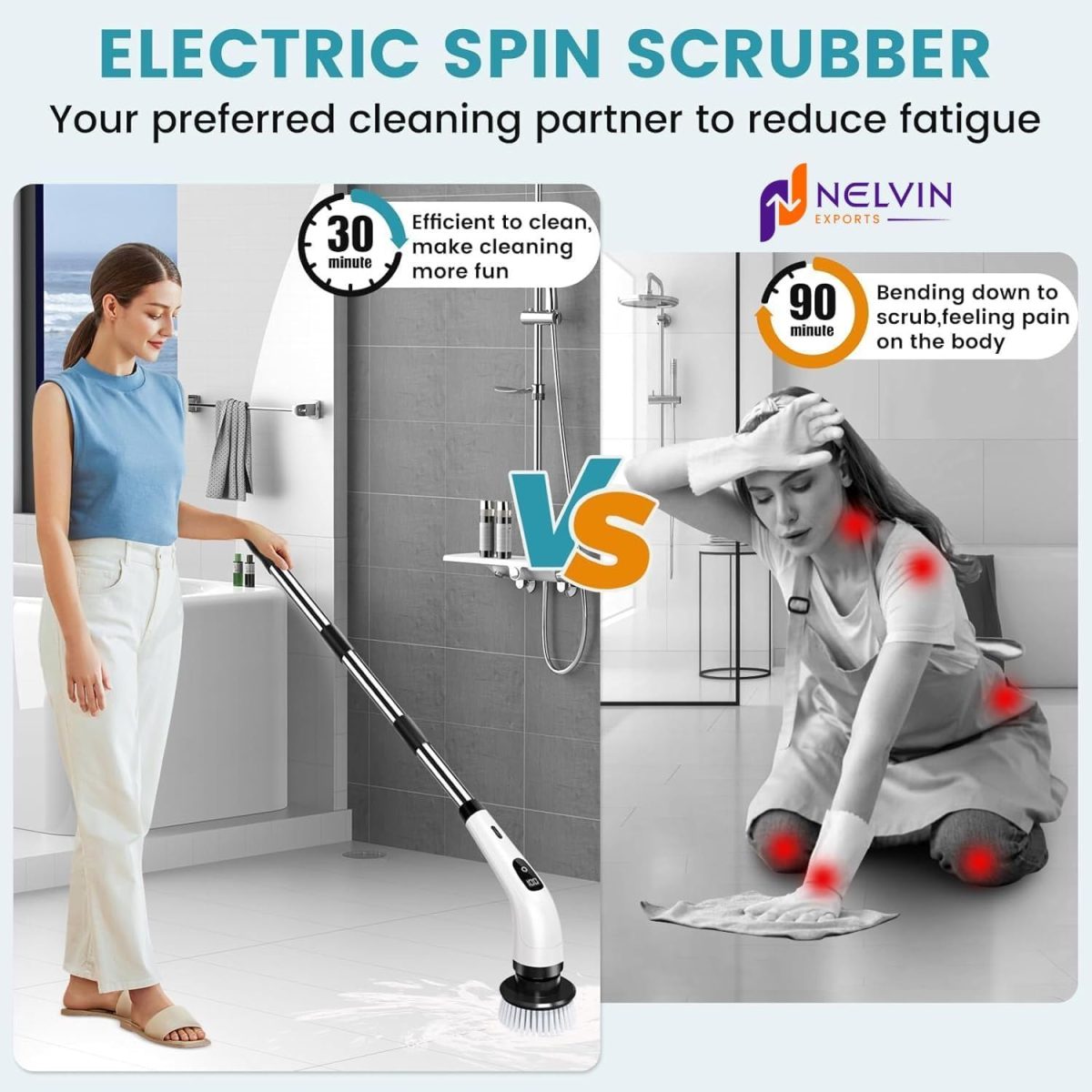 NELVIN EXPORTS Electric Spin Scrubber,Cleaning Brush Scrubber for Home, 400RPM/Mins-9 Replaceable Brush Heads-90Mins Work Time,Adjustable Size,2 Adjustable Speeds for Bathroom Shower Bathtub Glass Car - Image 5