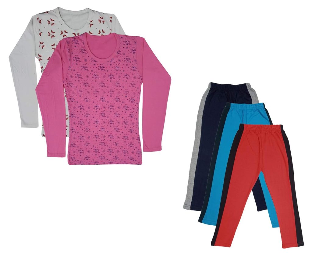 IndiWeaves Girls Cotton Full Sleeve Printed T-Shirts and Cotton Capri 3/4 Pants (Navy Blue,Sky Blue,Red,White,Pink,14-15 Years) Pack of 5