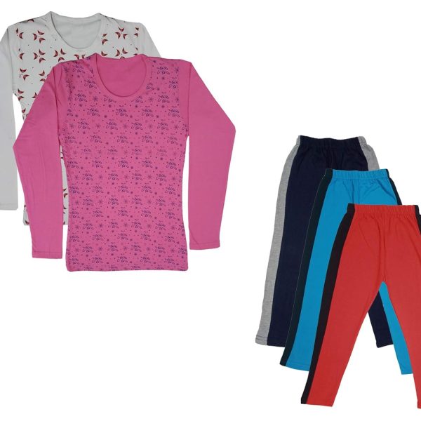 IndiWeaves Girls Cotton Full Sleeve Printed T-Shirts and Cotton Capri 3/4 Pants (Navy Blue,Sky Blue,Red,White,Pink,14-15 Years) Pack of 5