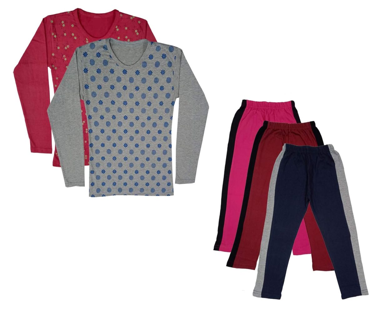 IndiWeaves Girls Cotton Full Sleeve Printed T-Shirts and Cotton Capri 3/4 Pants (Magenta,Maroon,Navy Blue,Maroon,Grey,15-16 Years) Pack of 5