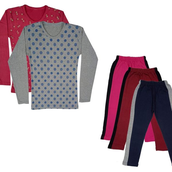 IndiWeaves Girls Cotton Full Sleeve Printed T-Shirts and Cotton Capri 3/4 Pants (Magenta,Maroon,Navy Blue,Maroon,Grey,15-16 Years) Pack of 5