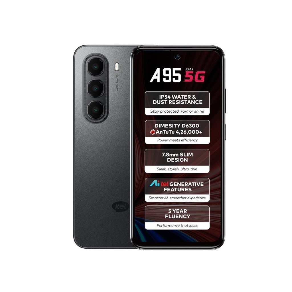 itel A95 5G+ AI Smartphone | 6GB RAM + 128GB ROM | D6300 5G Processor | 6.7" HD+ Punch-Hole Display, 120Hz Refresh Rate | Dynamic Notch | 50MP Camera | IP54 Dust & Water Resistant | Shadow Black