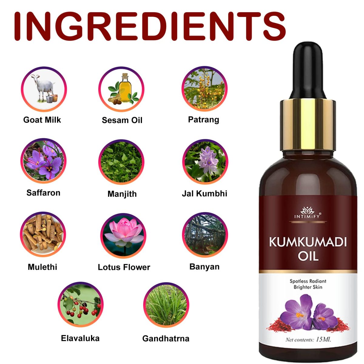 INTIMIFY Kumkumadi Tailam For Face, Kumkumadi Face Oil For Glowing Skin, Face Serum For Wrinkles, Whitening, Lightening & Pigmentation (30 ml) Pack of 1 - Image 5