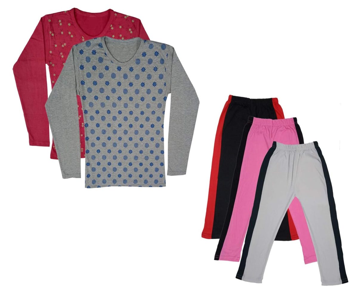 IndiWeaves Girls Cotton Full Sleeve Printed T-Shirts and Cotton Capri 3/4 Pants (Black,Pink,White,Maroon,Grey,8-9 Years) Pack of 5