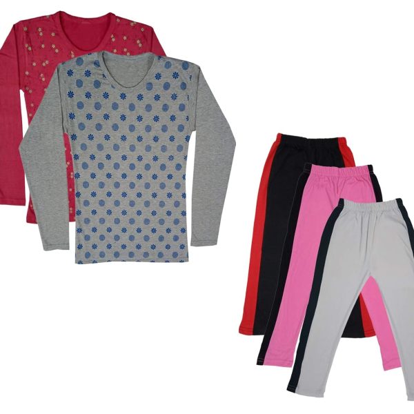 IndiWeaves Girls Cotton Full Sleeve Printed T-Shirts and Cotton Capri 3/4 Pants (Black,Pink,White,Maroon,Grey,8-9 Years) Pack of 5