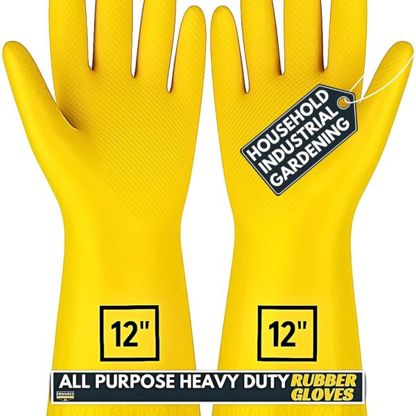 F8WARES All Purpose Heavy duty Rubber Hand Gloves for Cleaning, Kitchen, Washing Utensils, Gardening, Industrial, Safety, Construction & More - Waterproof Bathroom & Toilet Gloves 1 Pair Yellow
