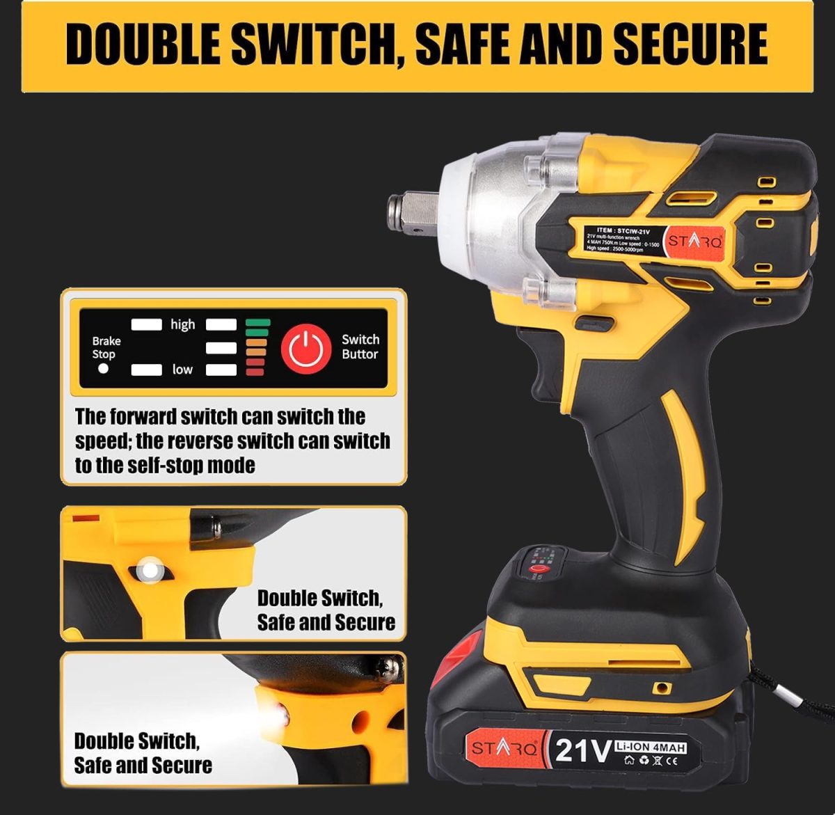 STARQ Heavy Duty 21V Cordless Impact Wrench with 2 Batteries | 2 Variable Speed | Build-In LED Lights | Forward & ReverseSwitch | Yellow - Image 7