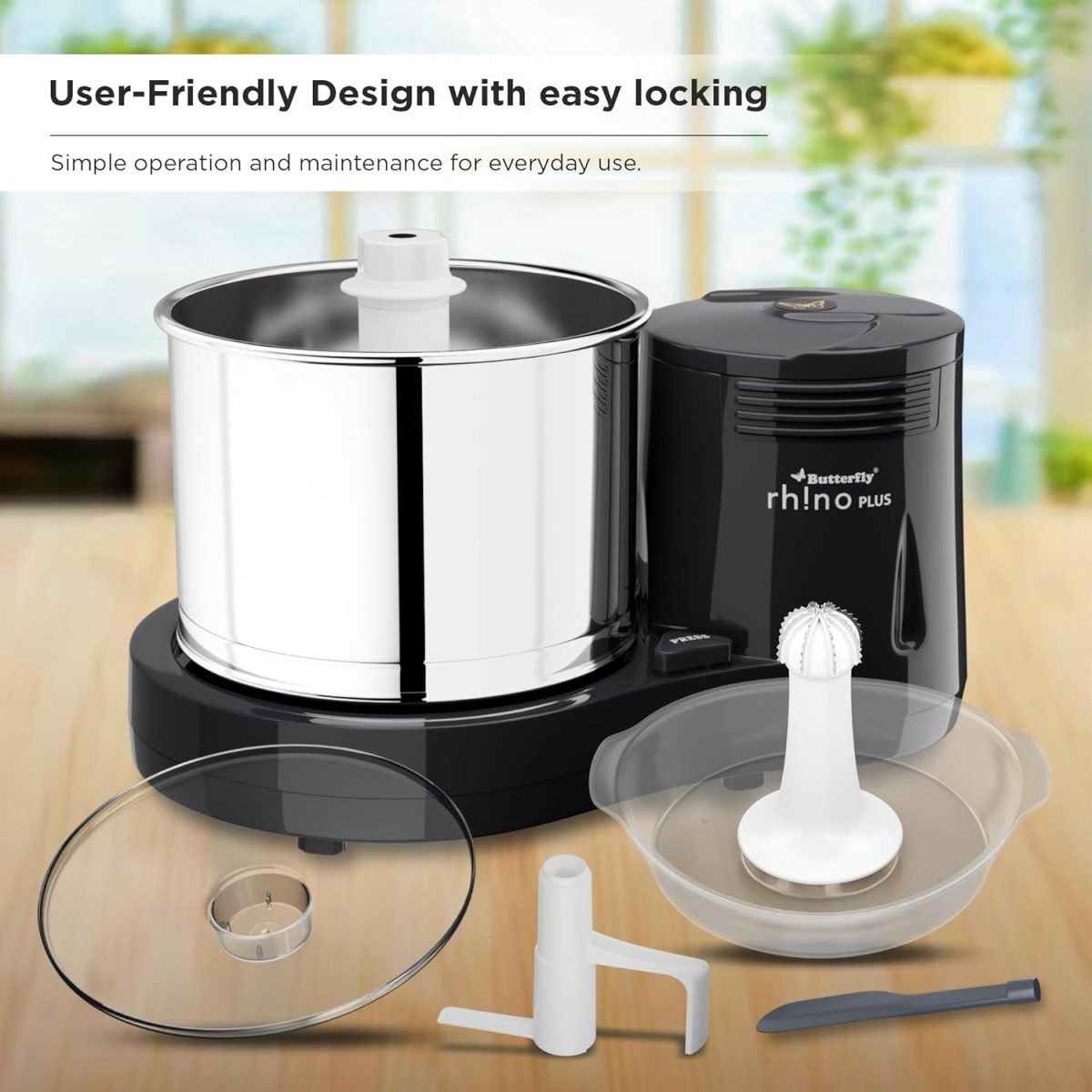 Butterfly Rhino Plus 2 Litres Table-Top Wet Grinder | 150 Watts | Shockproof ABS Body | Coconut Scrapper Attachment | Dough Kneader | Stainless Steel Drum | 2 Years Manufacturer's Warranty | Grey - Image 7