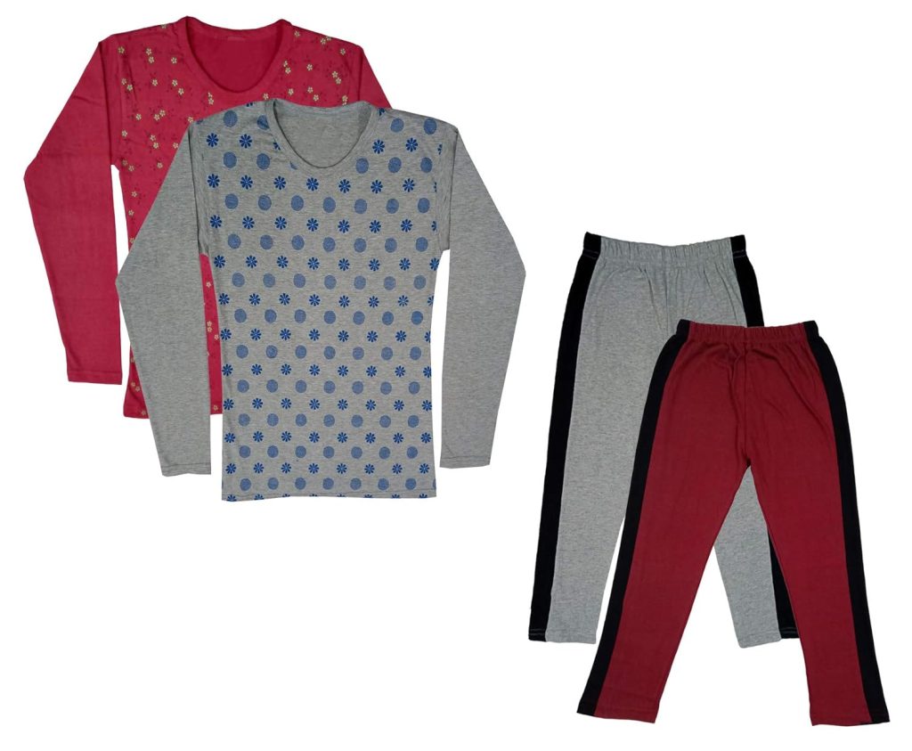 IndiWeaves Girls Cotton Full Sleeve Printed T-Shirts and Cotton Capri 3/4 Pants (Grey,Maroon,Maroon,Grey,9-10 Years) Pack of 4