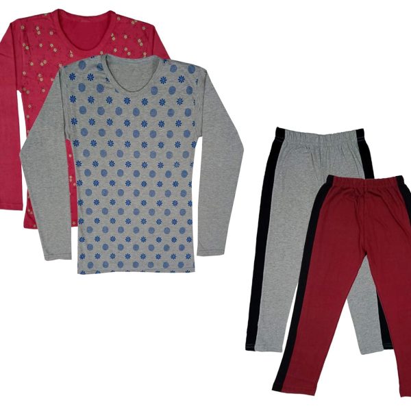 IndiWeaves Girls Cotton Full Sleeve Printed T-Shirts and Cotton Capri 3/4 Pants (Grey,Maroon,Maroon,Grey,9-10 Years) Pack of 4