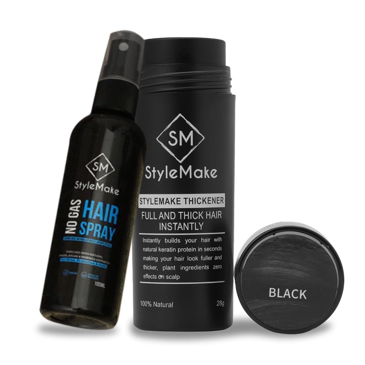 StyleMake Thickener Hair Fiber Black 28g + Fibre Lock Spray 100ml — The Ultimate Duo for Instant Volume & Fuller Look for Men & Women (Black 28g + Spray 100ml)