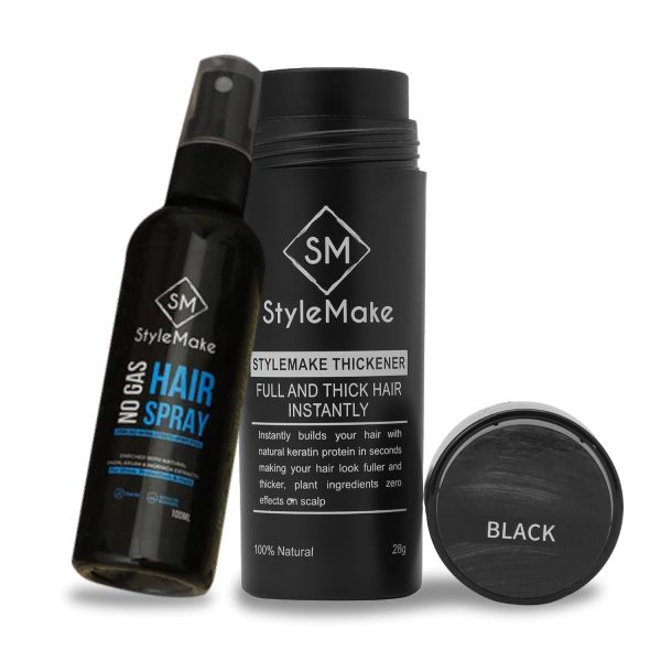 StyleMake Thickener Hair Fiber Black 28g + Fibre Lock Spray 100ml — The Ultimate Duo for Instant Volume & Fuller Look for Men & Women (Black 28g + Spray 100ml)