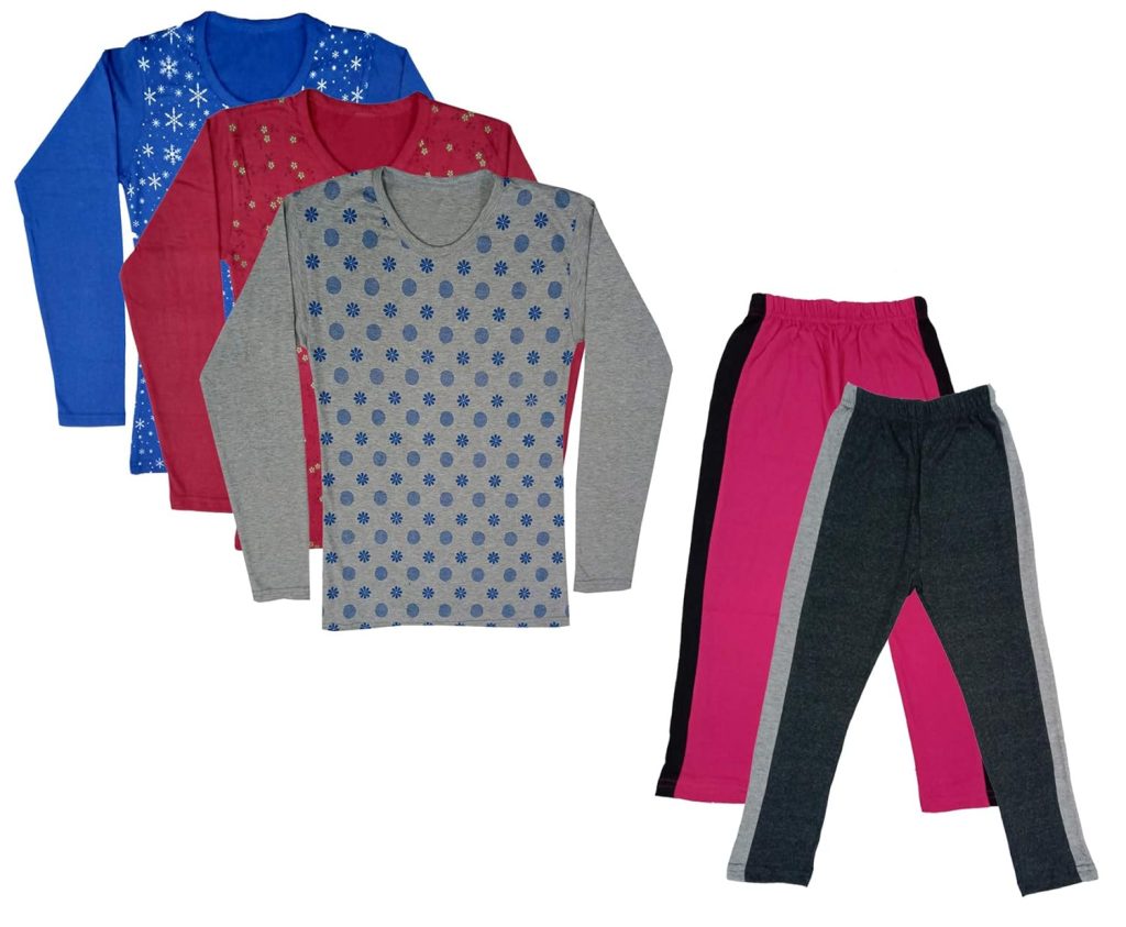 IndiWeaves Girls Cotton Full Sleeve Printed T-Shirts and Cotton Capri 3/4 Pants (Magenta,Dark Grey,Blue,Maroon,Grey,12-13 Years) Pack of 5