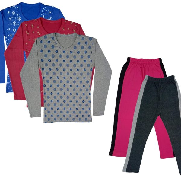 IndiWeaves Girls Cotton Full Sleeve Printed T-Shirts and Cotton Capri 3/4 Pants (Magenta,Dark Grey,Blue,Maroon,Grey,12-13 Years) Pack of 5
