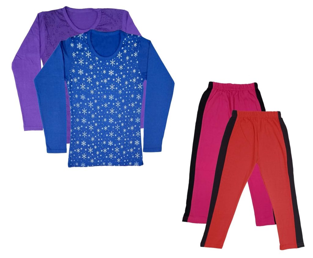 IndiWeaves Girls Cotton Full Sleeve Printed T-Shirts and Cotton Capri 3/4 Pants (Magenta,Red,Purple,Blue,14-15 Years) Pack of 4