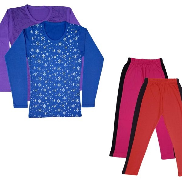 IndiWeaves Girls Cotton Full Sleeve Printed T-Shirts and Cotton Capri 3/4 Pants (Magenta,Red,Purple,Blue,14-15 Years) Pack of 4