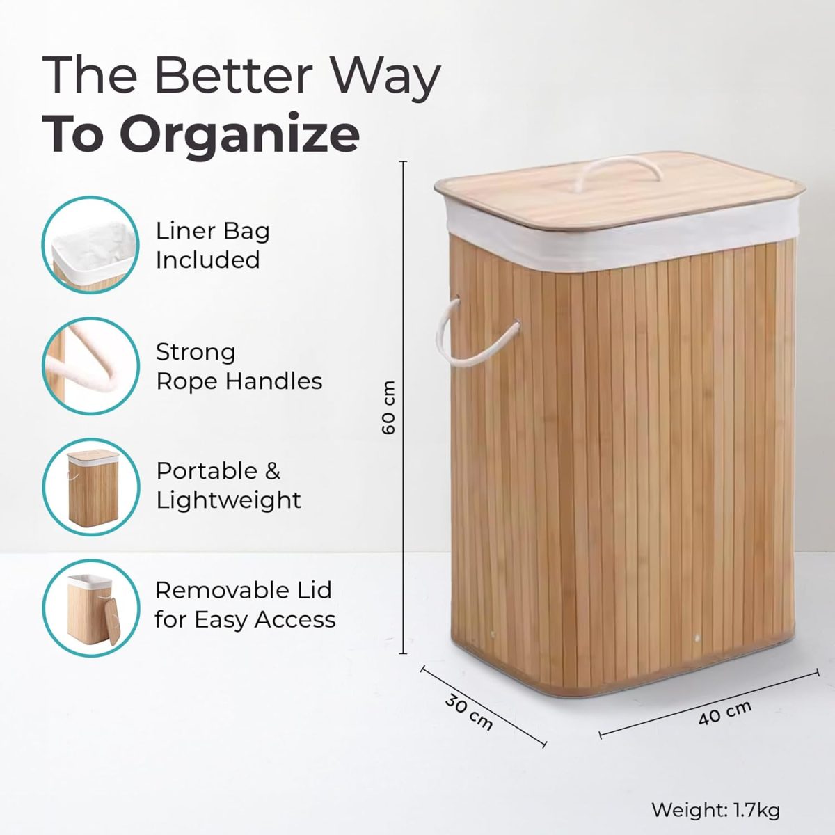 The Better Home Bamboo Basket for Storage(40*30*60cm) Laundry Basket for Clothes With Lid | Home Organizer Items and Storage | Eco Friendly | Compact and Easy to carry | Home Storage Organizer | Brown - Image 4