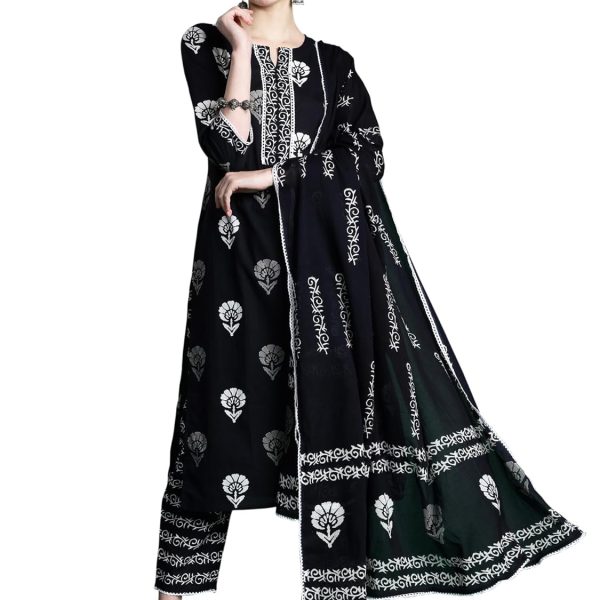 INDO ERA Women's Printed Pure Cotton Straight Kurta Pant With Dupatta Set (Iepnd5527)